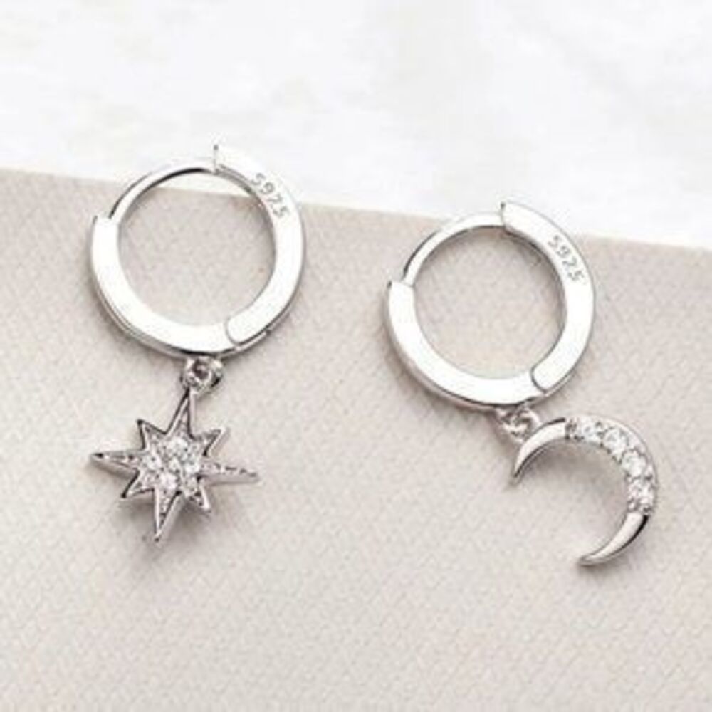 NEW 925 Sterling Silver Diamond Moon Star Hoops C9